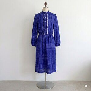 Vintage 80s 90s Secretary Dress Midi Polka Dot Ruffle Businesscore